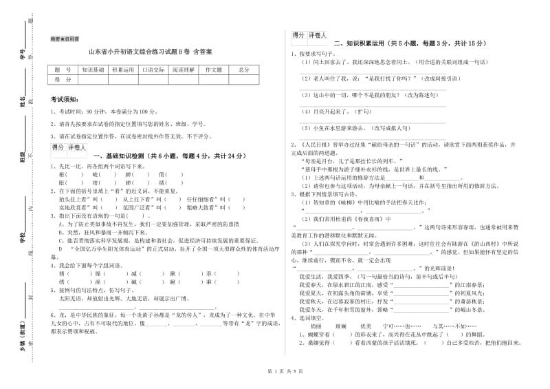 山东省小升初语文综合练习试题B卷 含答案.doc_第1页