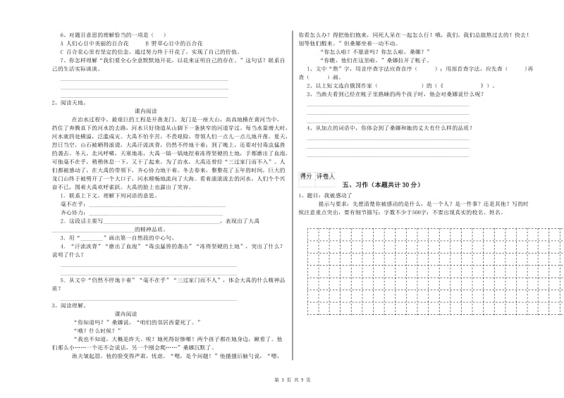 实验小学六年级语文【下册】全真模拟考试试题 新人教版（附答案）.doc_第3页