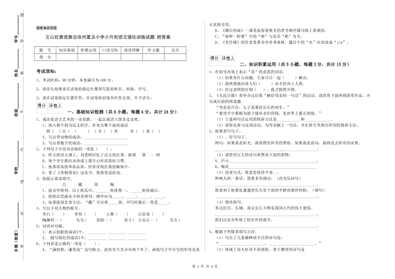 文山壮族苗族自治州重点小学小升初语文强化训练试题 附答案.doc_第1页