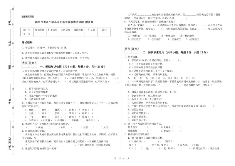 梧州市重点小学小升初语文模拟考试试题 附答案.doc_第1页