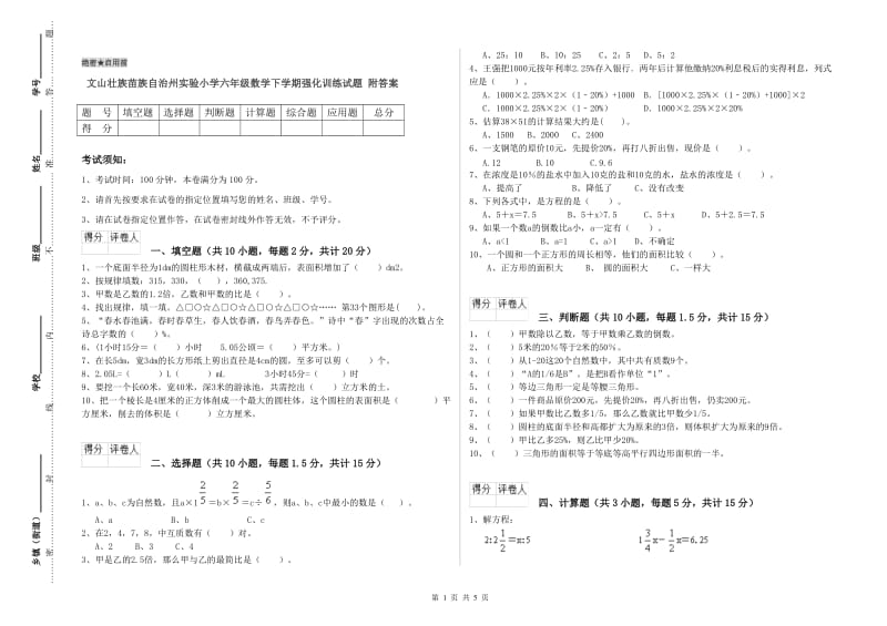 文山壮族苗族自治州实验小学六年级数学下学期强化训练试题 附答案.doc_第1页