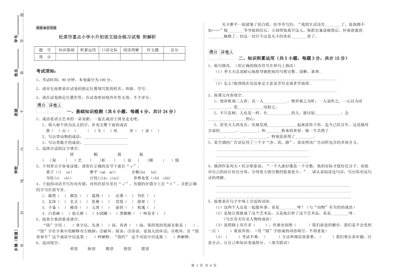 松原市重点小学小升初语文综合练习试卷 附解析.doc_第1页