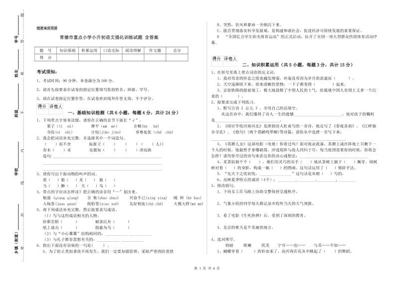 常德市重点小学小升初语文强化训练试题 含答案.doc_第1页