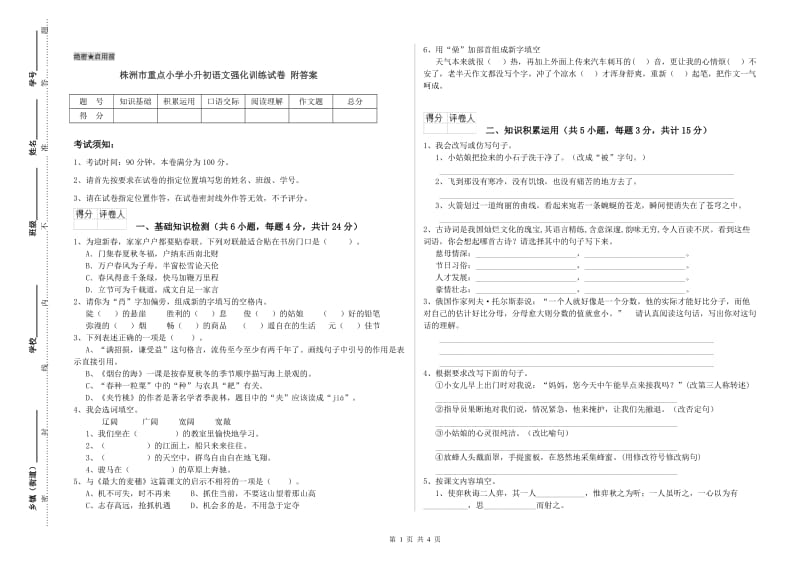 株洲市重点小学小升初语文强化训练试卷 附答案.doc_第1页