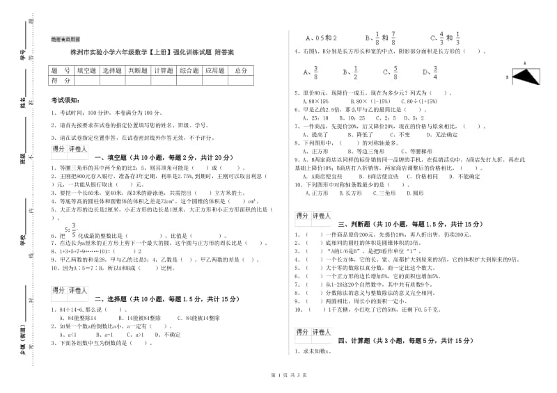 株洲市实验小学六年级数学【上册】强化训练试题 附答案.doc_第1页