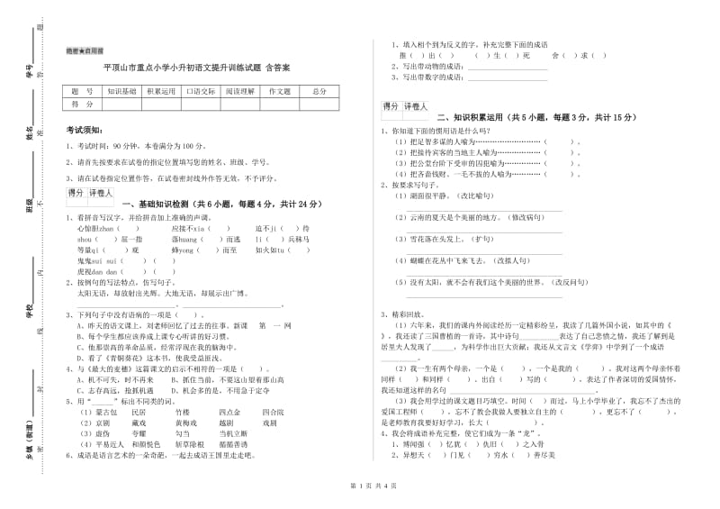 平顶山市重点小学小升初语文提升训练试题 含答案.doc_第1页