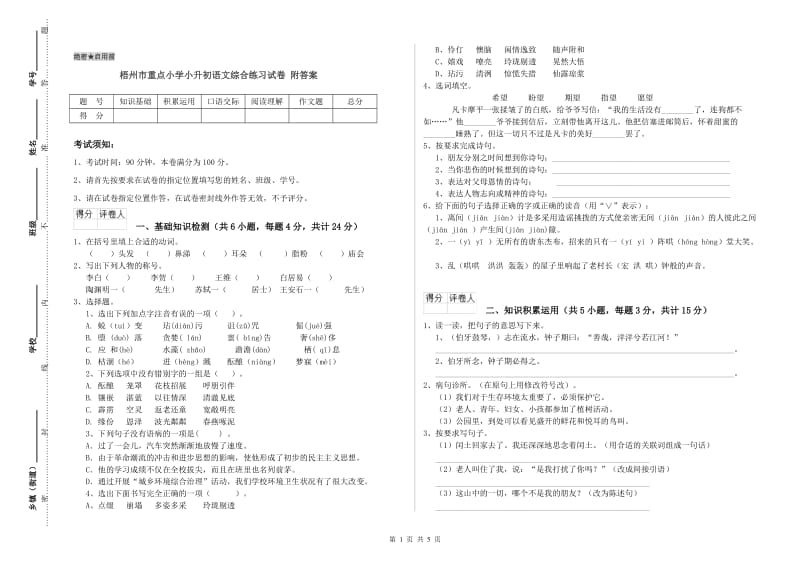 梧州市重点小学小升初语文综合练习试卷 附答案.doc_第1页