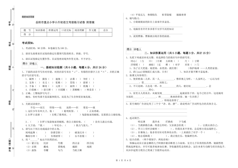 岳阳市重点小学小升初语文考前练习试卷 附答案.doc_第1页