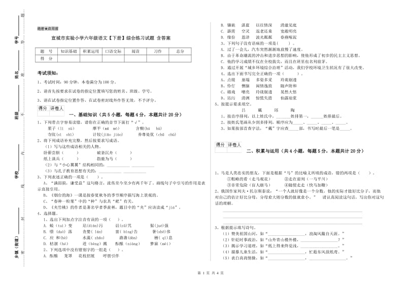 宣城市实验小学六年级语文【下册】综合练习试题 含答案.doc_第1页