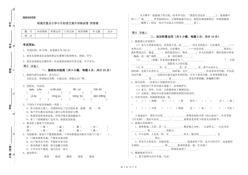 昭通市重点小学小升初语文提升训练试卷 附答案.doc_第1页