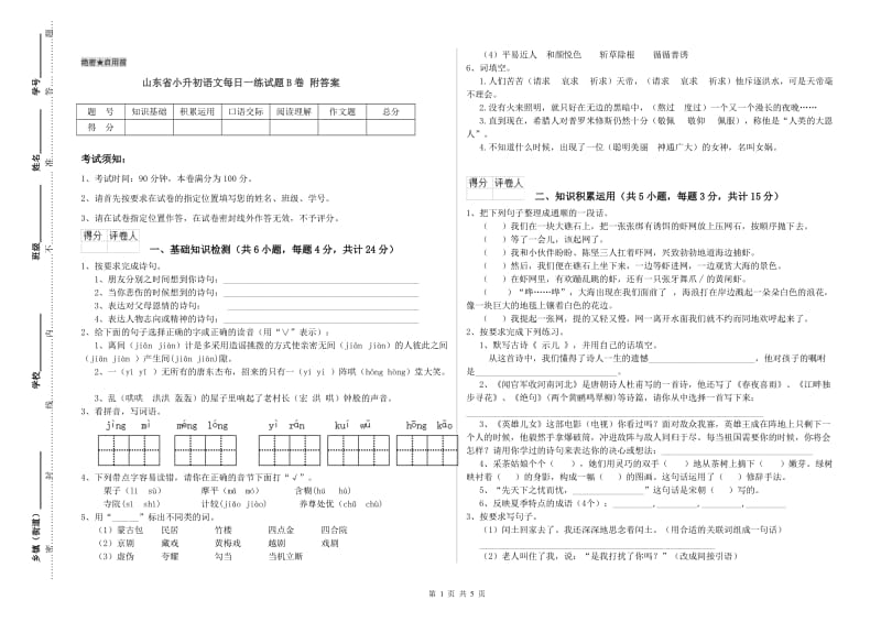 山东省小升初语文每日一练试题B卷 附答案.doc_第1页