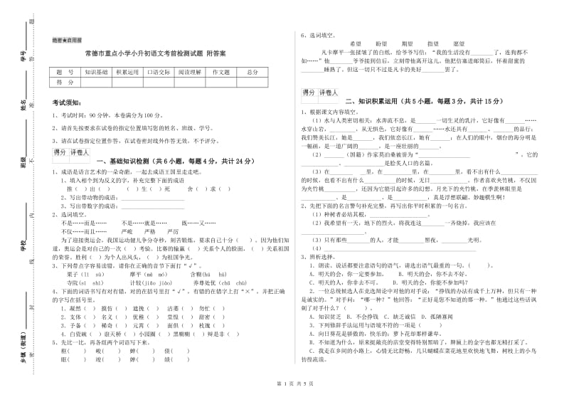 常德市重点小学小升初语文考前检测试题 附答案.doc_第1页