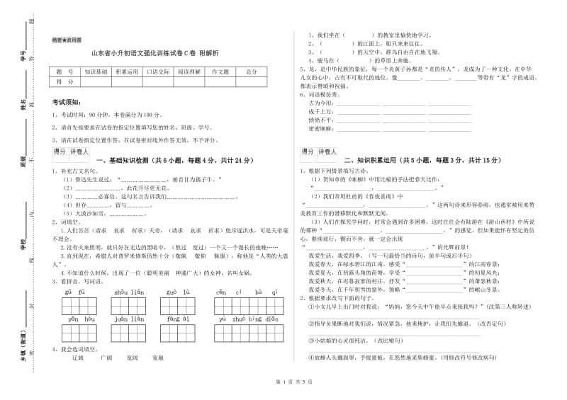 山东省小升初语文强化训练试卷C卷 附解析.doc_第1页