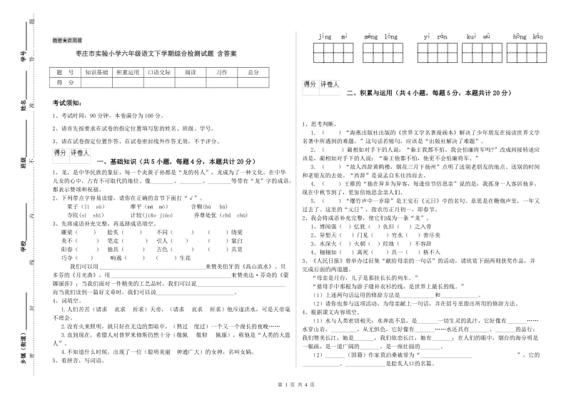 枣庄市实验小学六年级语文下学期综合检测试题 含答案.doc_第1页