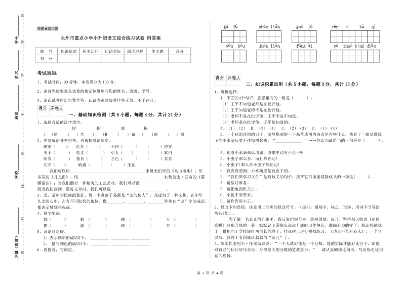 永州市重点小学小升初语文综合练习试卷 附答案.doc_第1页