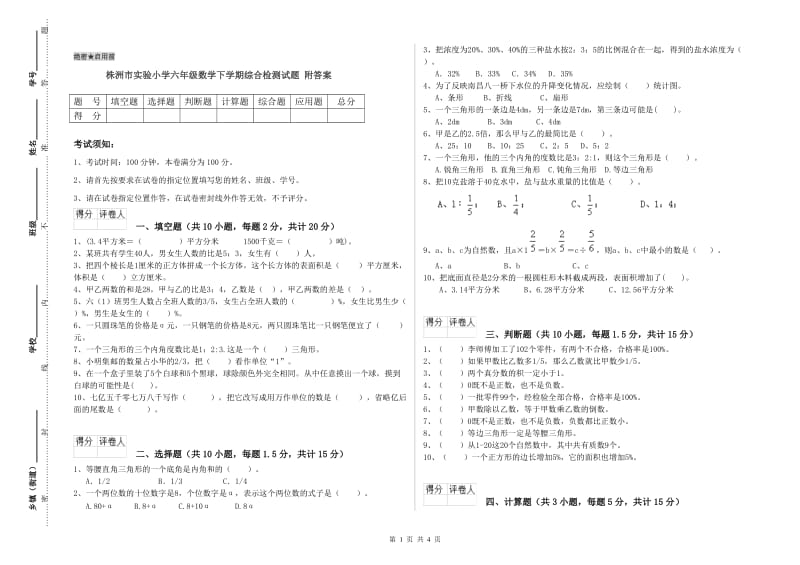 株洲市实验小学六年级数学下学期综合检测试题 附答案.doc_第1页