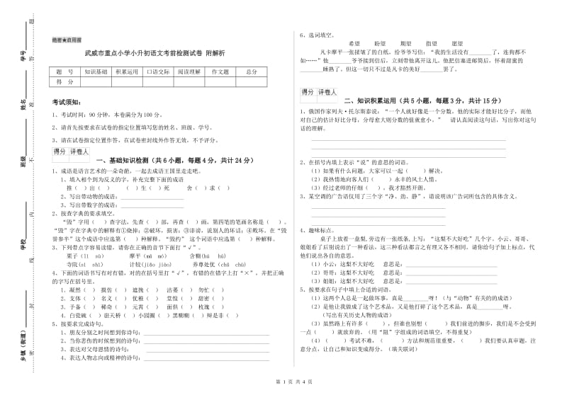 武威市重点小学小升初语文考前检测试卷 附解析.doc_第1页