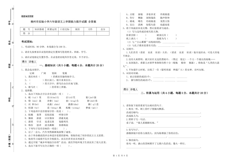 柳州市实验小学六年级语文上学期能力提升试题 含答案.doc_第1页