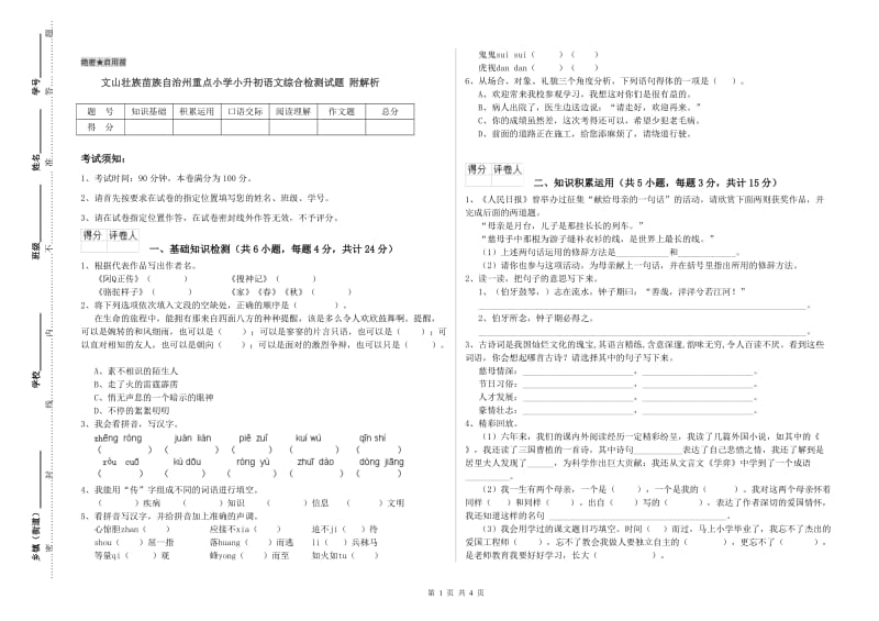 文山壮族苗族自治州重点小学小升初语文综合检测试题 附解析.doc_第1页