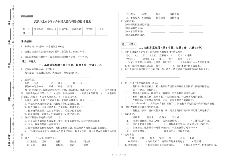 武汉市重点小学小升初语文强化训练试题 含答案.doc_第1页