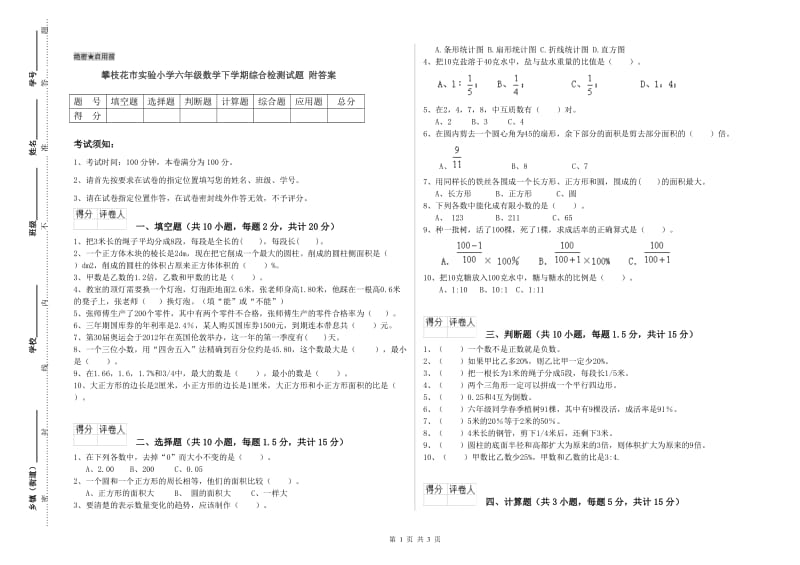 攀枝花市实验小学六年级数学下学期综合检测试题 附答案.doc_第1页