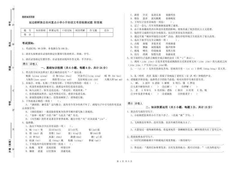 延边朝鲜族自治州重点小学小升初语文考前检测试题 附答案.doc_第1页