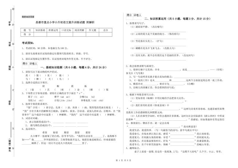 昌都市重点小学小升初语文提升训练试题 附解析.doc_第1页