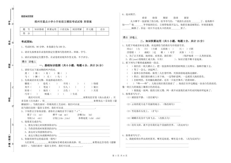 梧州市重点小学小升初语文模拟考试试卷 附答案.doc_第1页