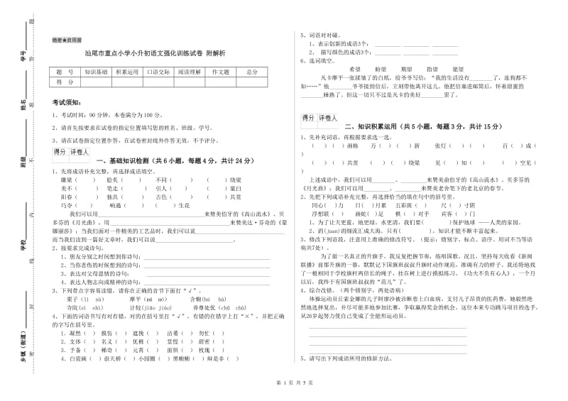 汕尾市重点小学小升初语文强化训练试卷 附解析.doc_第1页