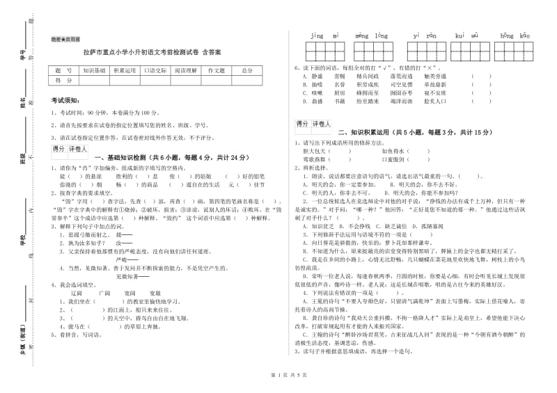 拉萨市重点小学小升初语文考前检测试卷 含答案.doc_第1页