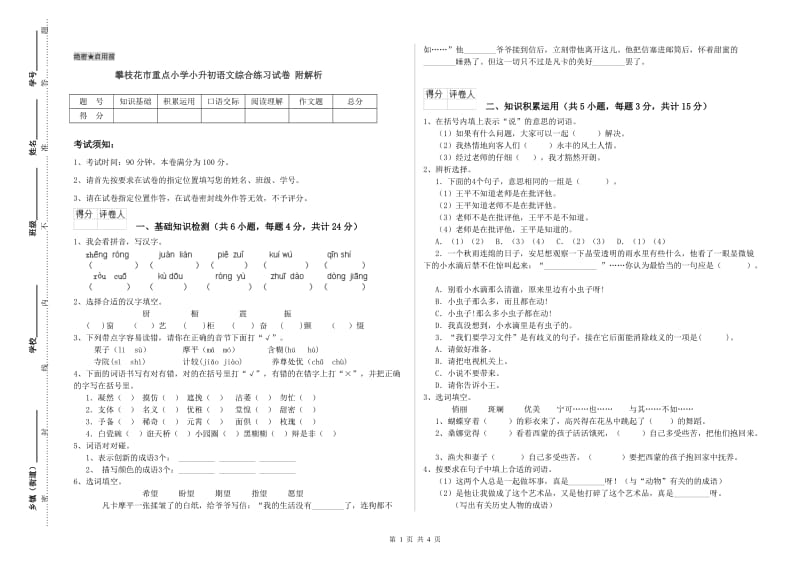 攀枝花市重点小学小升初语文综合练习试卷 附解析.doc_第1页