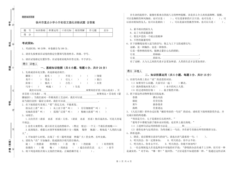 徐州市重点小学小升初语文强化训练试题 含答案.doc_第1页