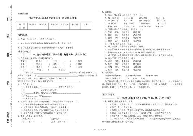 柳州市重点小学小升初语文每日一练试题 附答案.doc_第1页