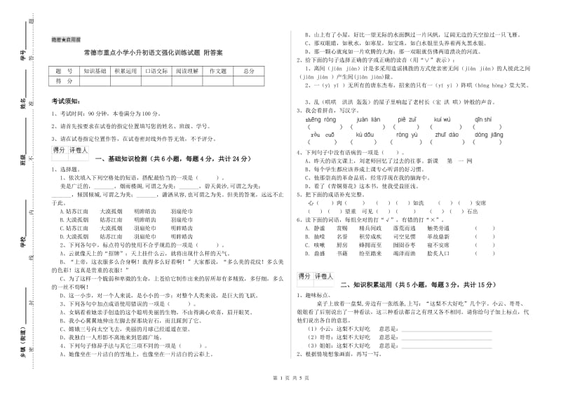 常德市重点小学小升初语文强化训练试题 附答案.doc_第1页