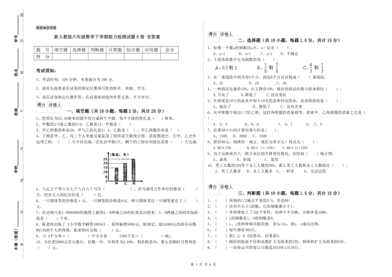 新人教版六年级数学下学期能力检测试题B卷 含答案.doc_第1页