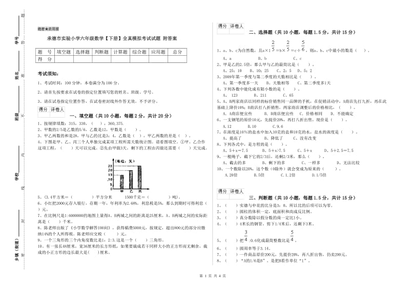 承德市实验小学六年级数学【下册】全真模拟考试试题 附答案.doc_第1页