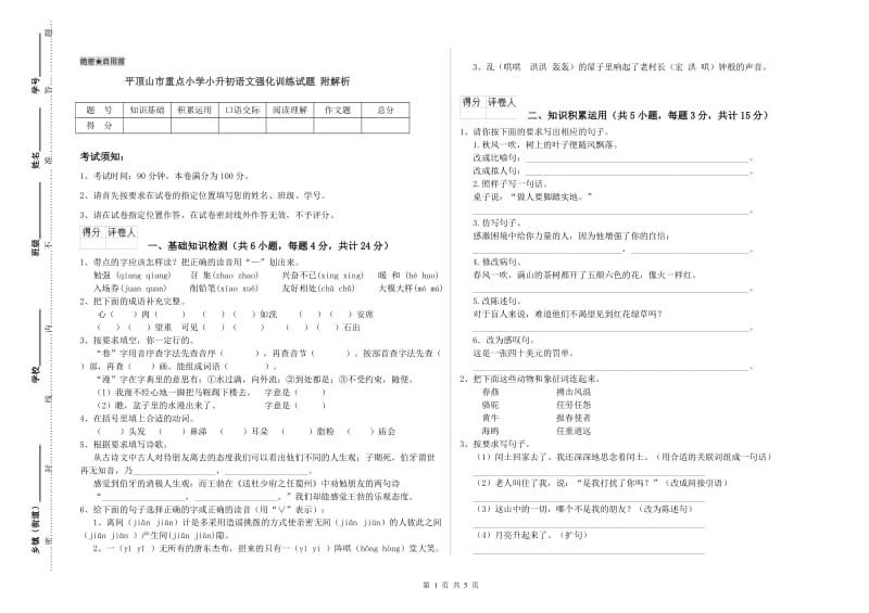 平顶山市重点小学小升初语文强化训练试题 附解析.doc_第1页