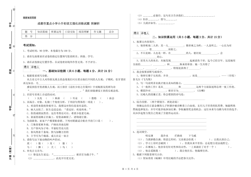 成都市重点小学小升初语文强化训练试题 附解析.doc_第1页