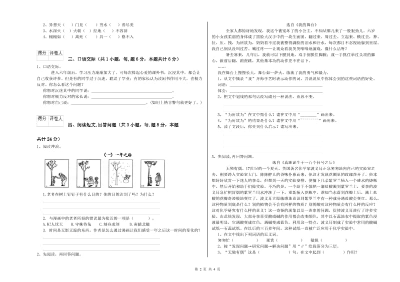 成都市实验小学六年级语文【下册】开学检测试题 含答案.doc_第2页