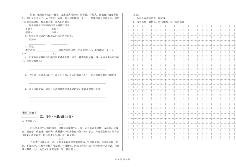 实验小学六年级语文【上册】能力提升试题 江西版（含答案）.doc_第3页