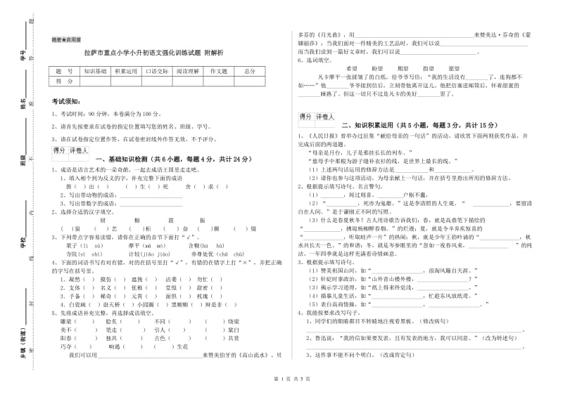 拉萨市重点小学小升初语文强化训练试题 附解析.doc_第1页