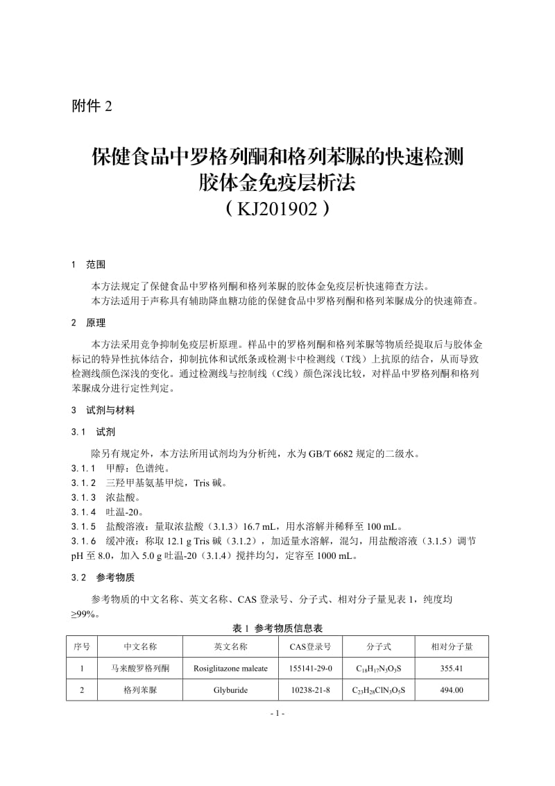 保健食品中罗格列酮和格列苯脲的快速检测 胶体金免疫层析法（KJ201902）_第1页