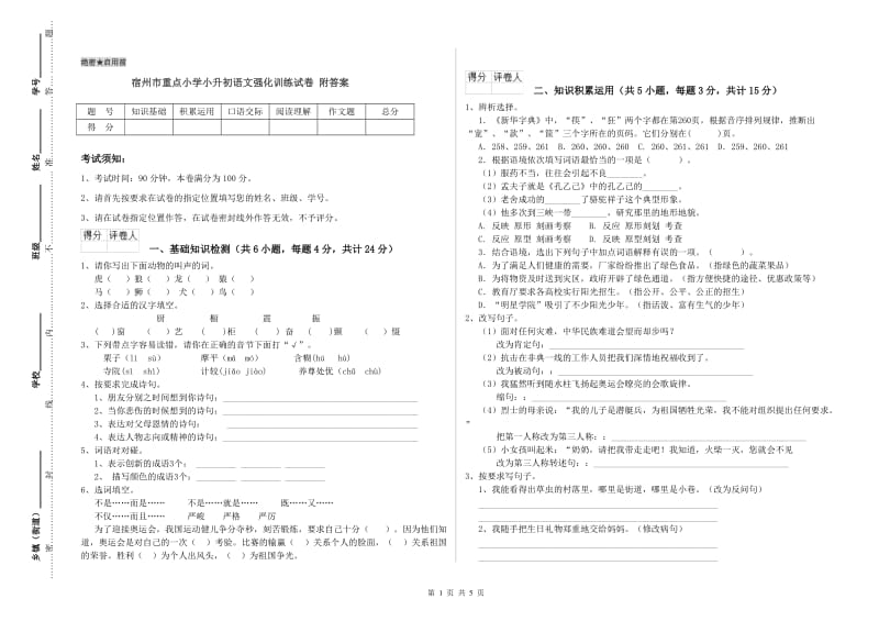 宿州市重点小学小升初语文强化训练试卷 附答案.doc_第1页