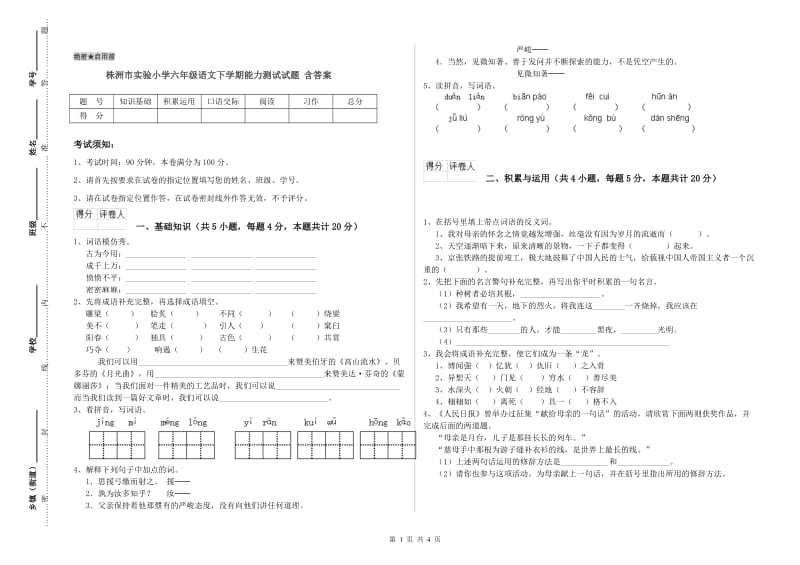 株洲市实验小学六年级语文下学期能力测试试题 含答案.doc_第1页