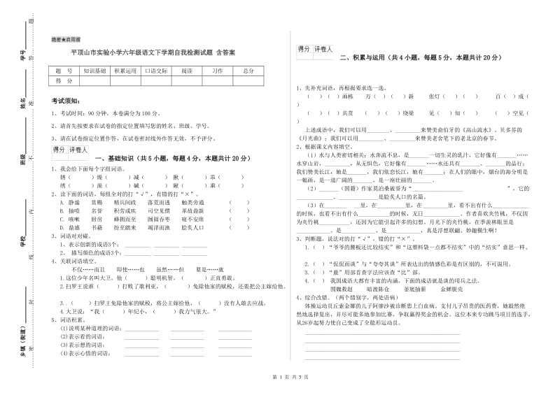 平顶山市实验小学六年级语文下学期自我检测试题 含答案.doc_第1页