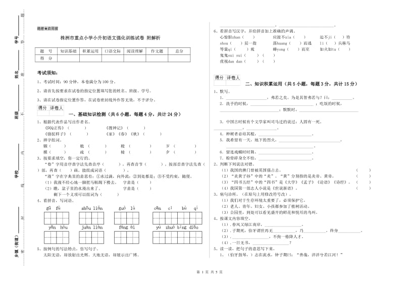 株洲市重点小学小升初语文强化训练试卷 附解析.doc_第1页