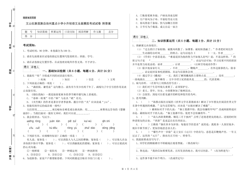 文山壮族苗族自治州重点小学小升初语文全真模拟考试试卷 附答案.doc_第1页