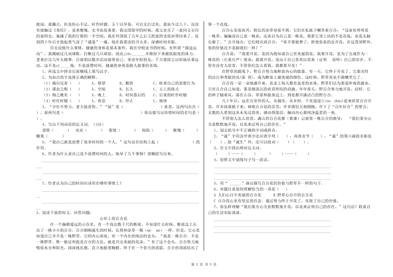 实验小学六年级语文上学期模拟考试试卷 新人教版（附答案）.doc_第3页