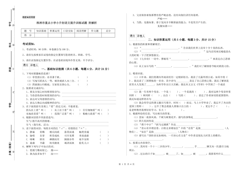 株洲市重点小学小升初语文提升训练试题 附解析.doc_第1页