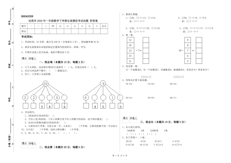 汕尾市2020年一年级数学下学期全真模拟考试试题 附答案.doc_第1页